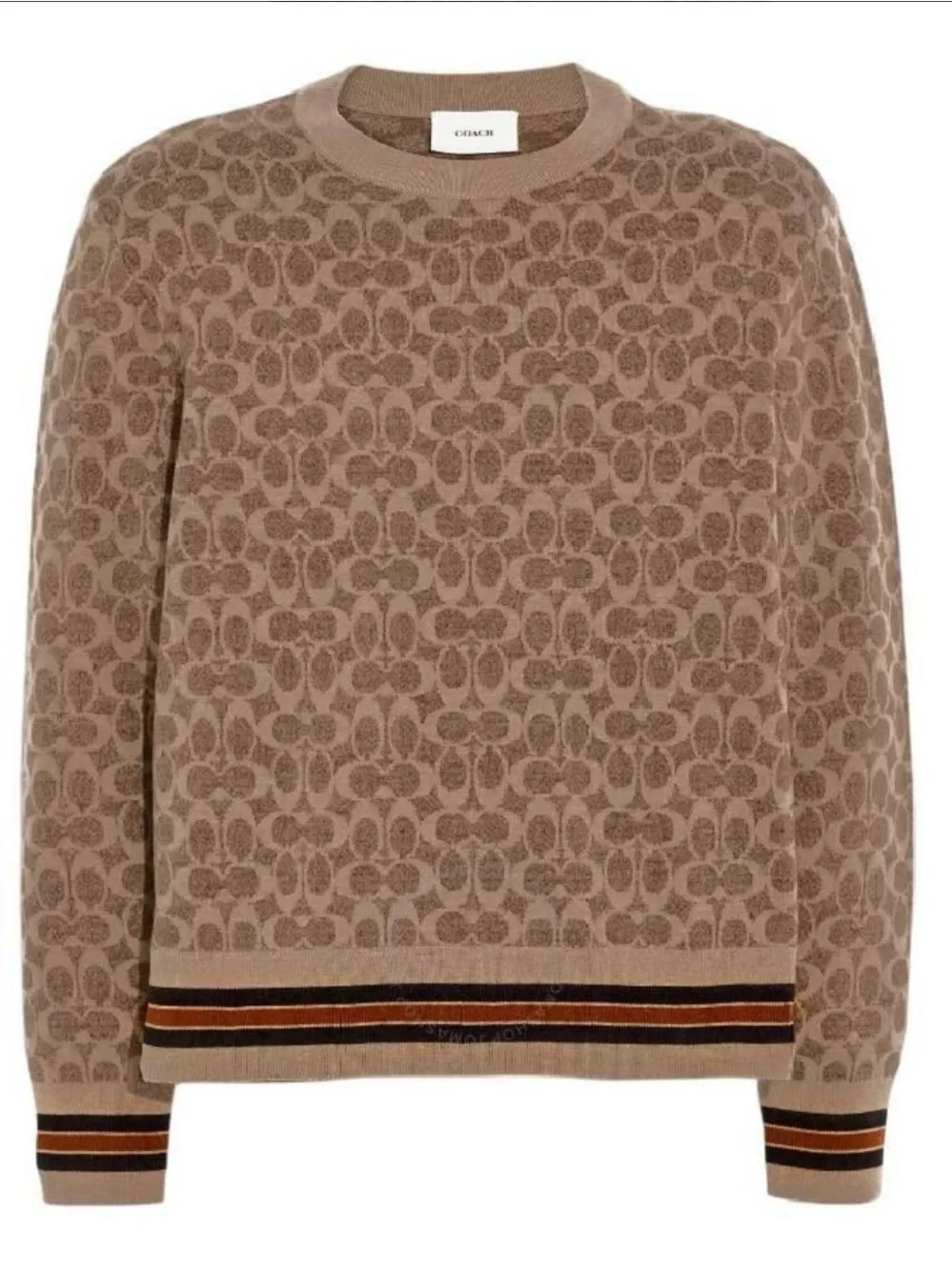 Coach Men’s Brown Monogram Crewneck Sweater with Striped Trim - Picture 1 of 3